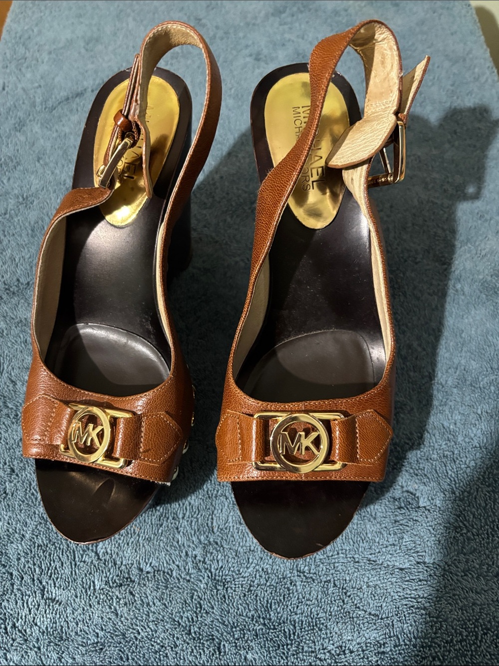 Michael Kors Brown Leather Open-Toe Slingback Heels with Gold MK Logo size 7M